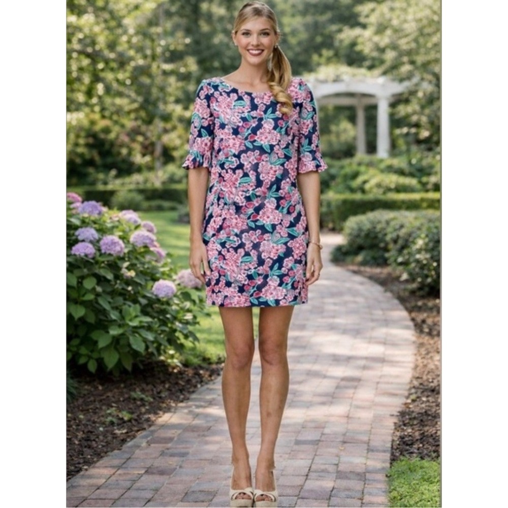 Lilly Pulitzer Womens XS Hollee Dress Navy Pink Cherry Float FloralRuffle Sleeve